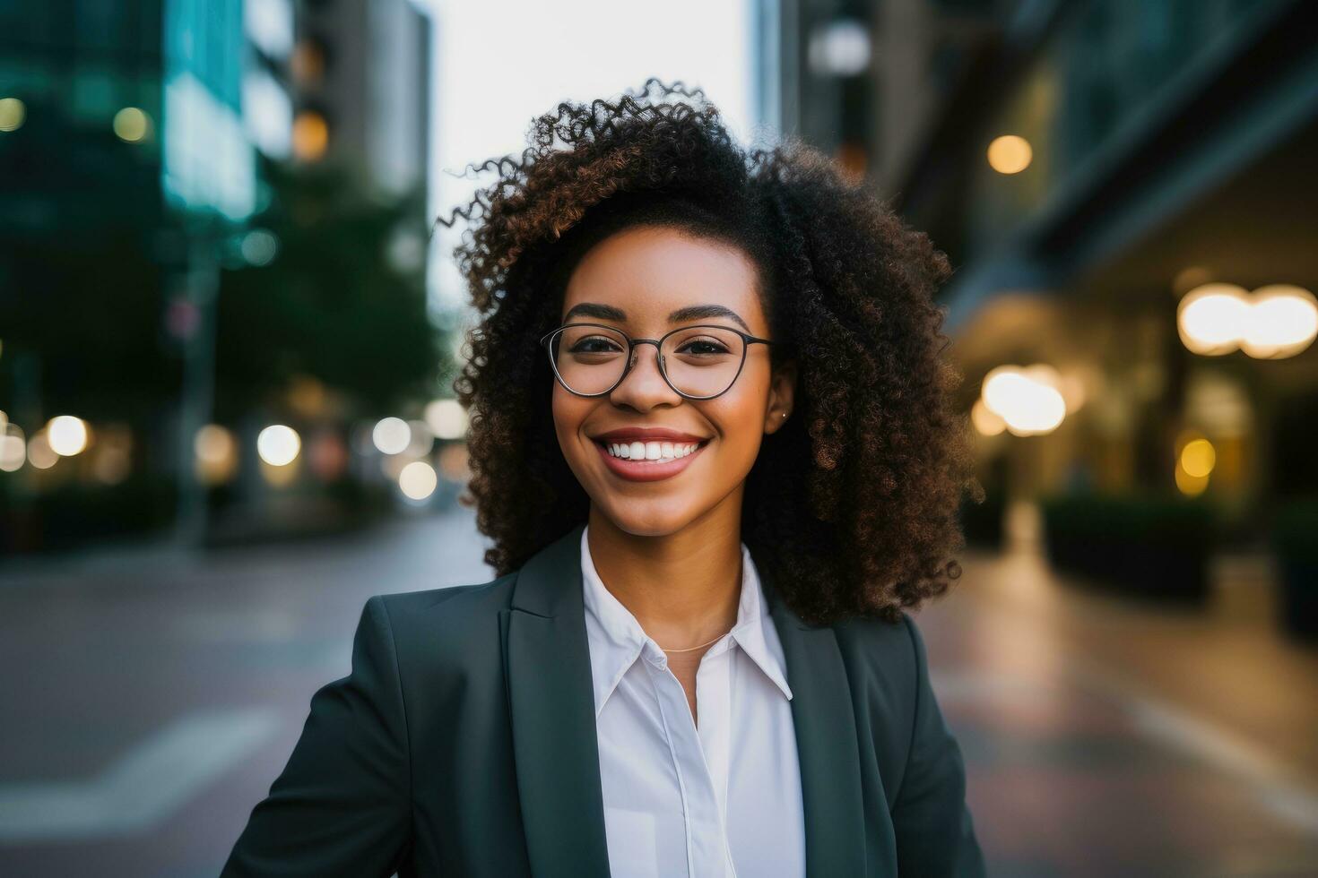 AI generated Portrait of smiling businesswoman in eyeglasses looking at camera in city, An African American woman wearing glasses and a suit standing in front of a building with a smile, AI Generated photo