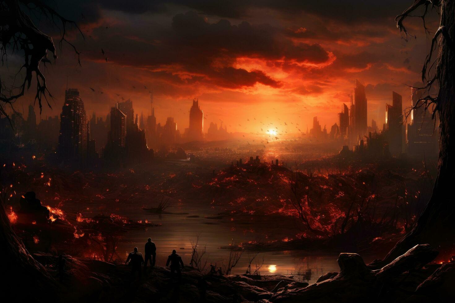 AI generated Fantasy landscape with city destroyed by fire. 3D illustration, Digital painting of a world collapse, doomsday scene, AI Generated photo