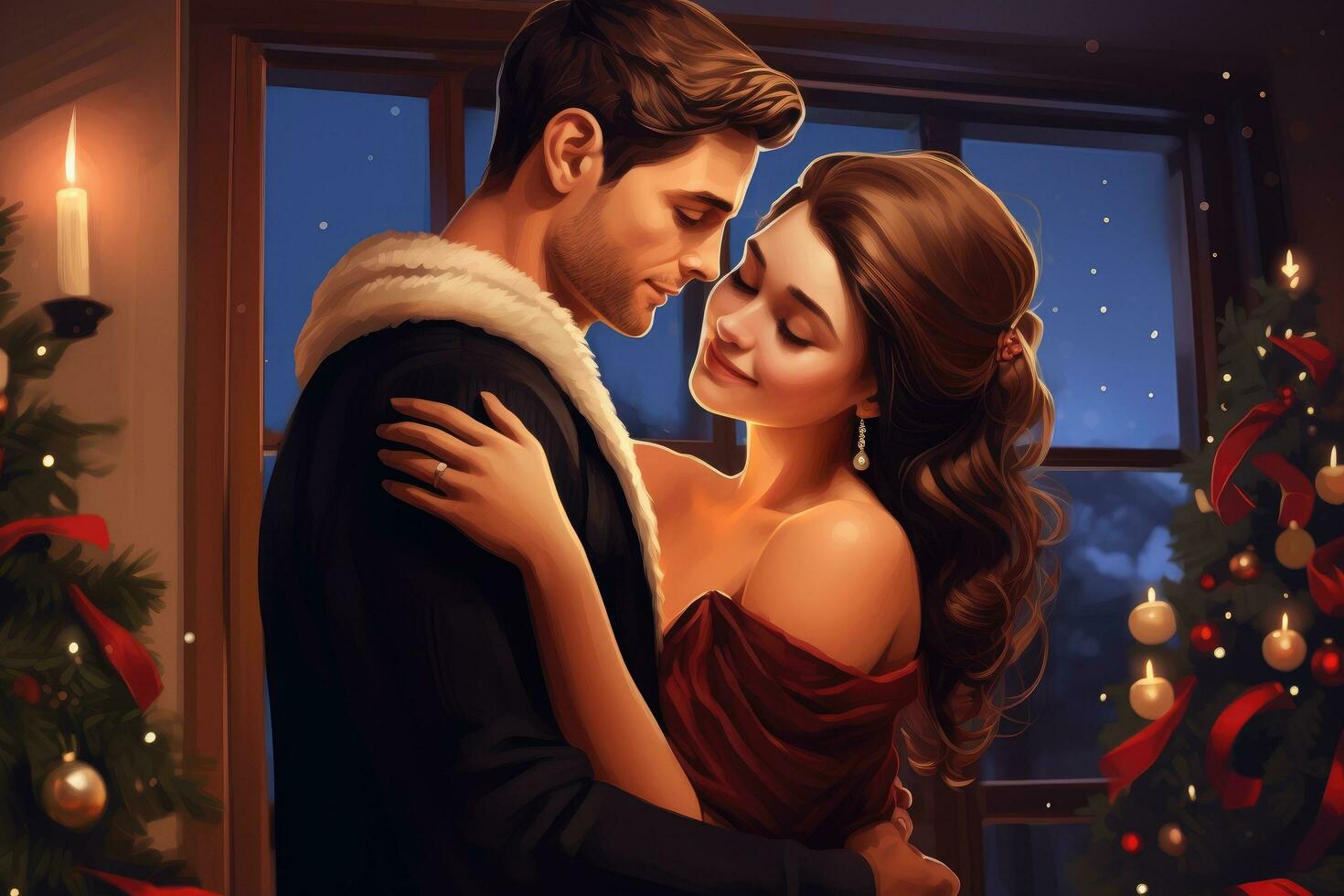 AI generated Beautiful young couple in love on the background of the Christmas tree, Christmas, portrait and happy couple in home, hug and bonding together, AI Generated photo