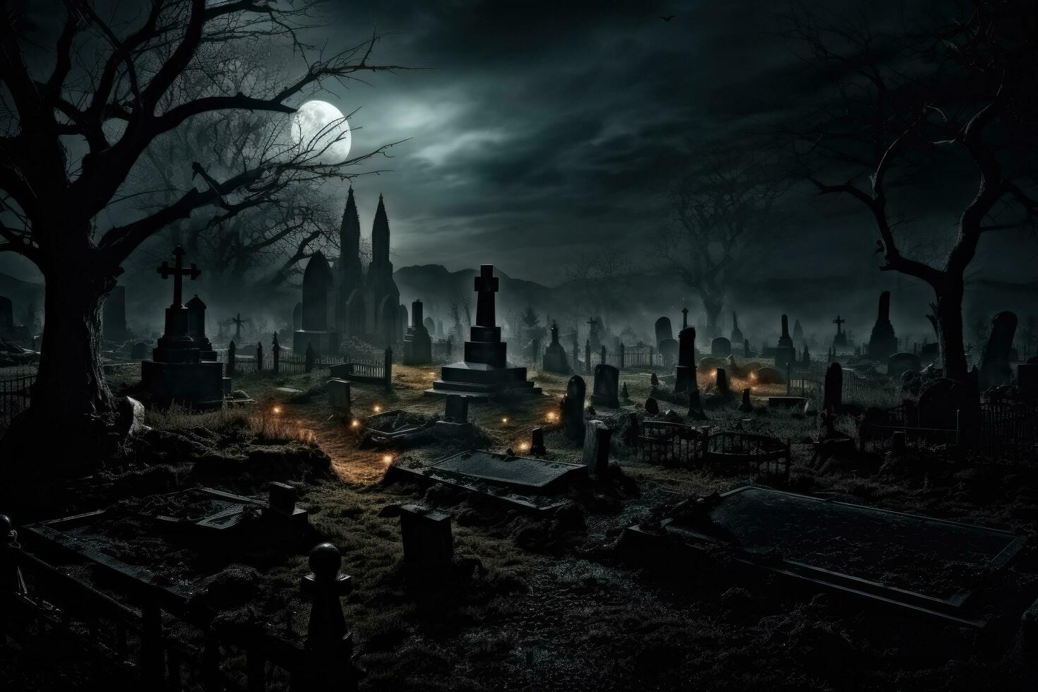 AI generated Spooky graveyard at night. Halloween concept. Scary graveyard at night with full moon, An ominous, haunting graveyard under the full moon's light, AI Generated photo