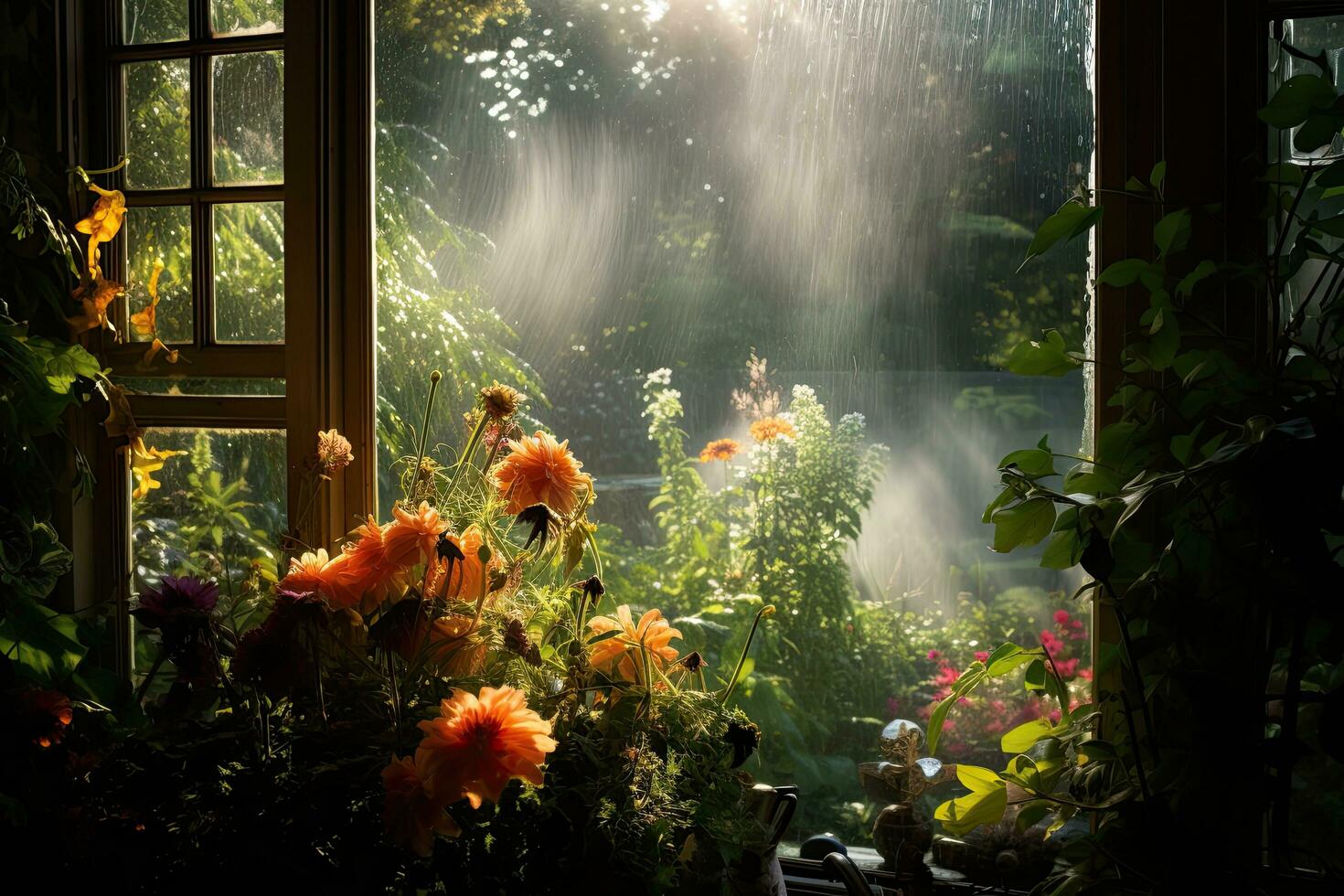 AI generated Yellow flowers on the windowsill in the morning fog. Summer landscape, AI Generated photo