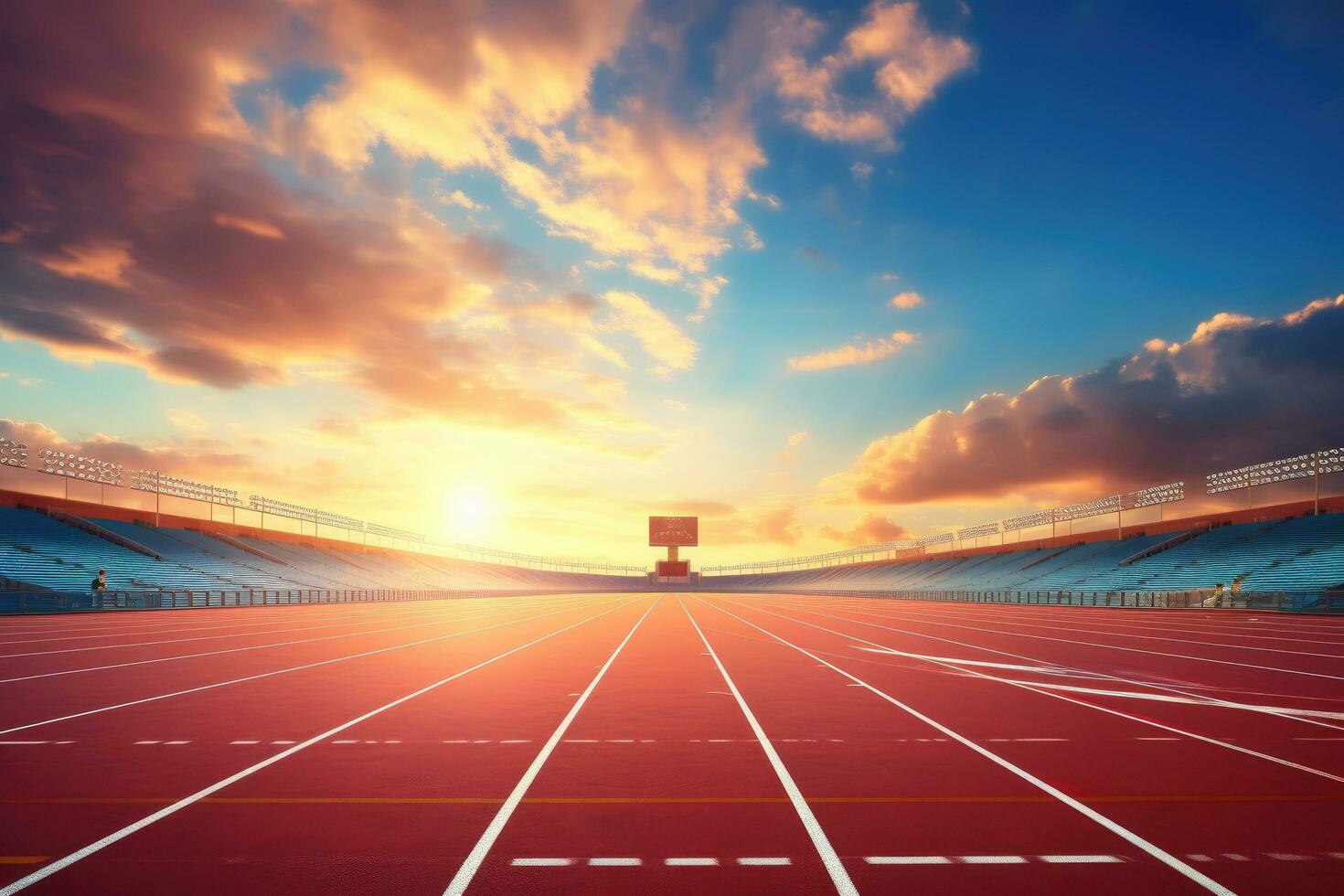 ai generado atletismo pista a puesta de sol. 3d hacer ilustración, atleta pista o corriendo pista con bonito escénico, ai generado foto