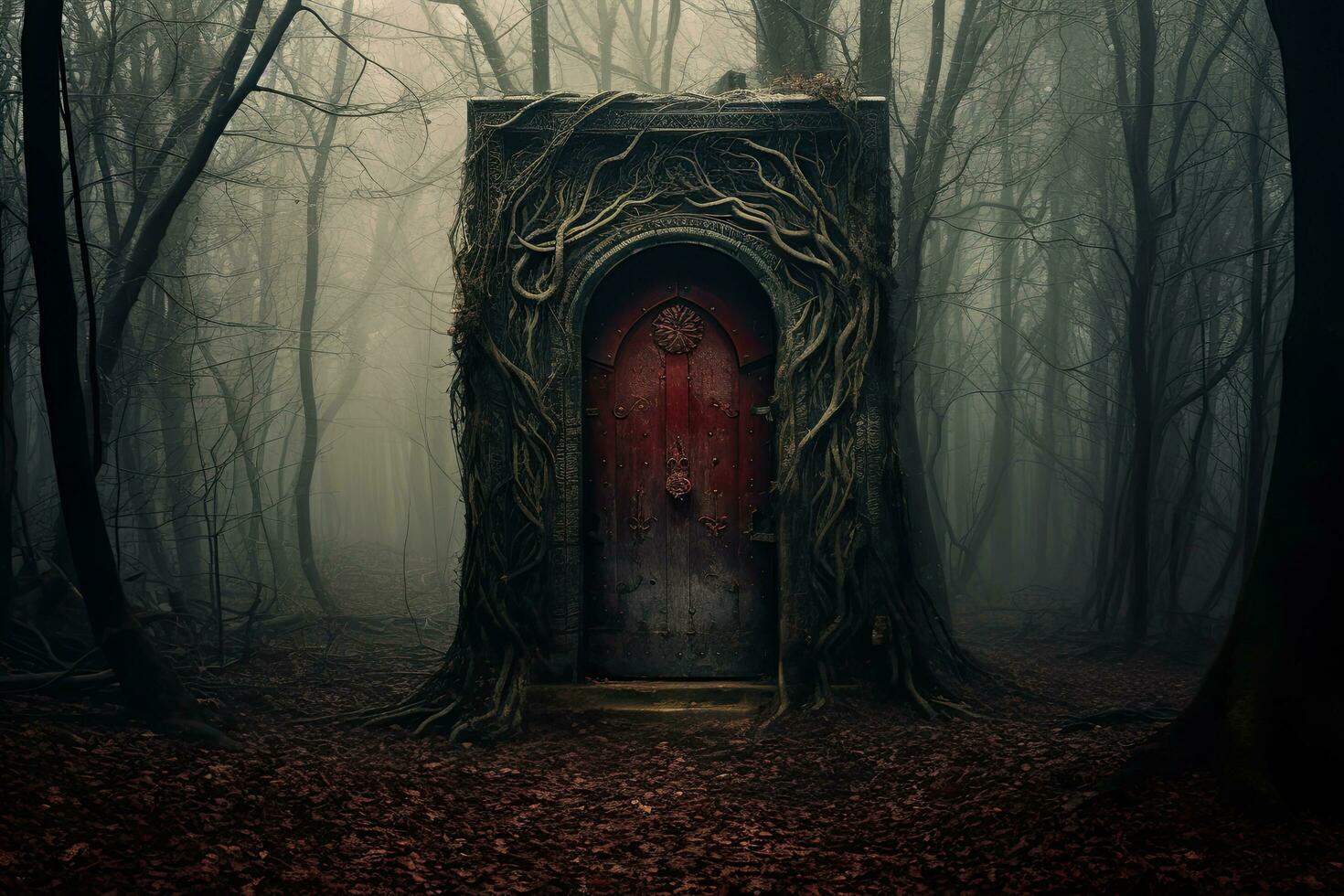 AI generated Mysterious dark forest with old door. Halloween concept. 3D Rendering, AI Generated photo