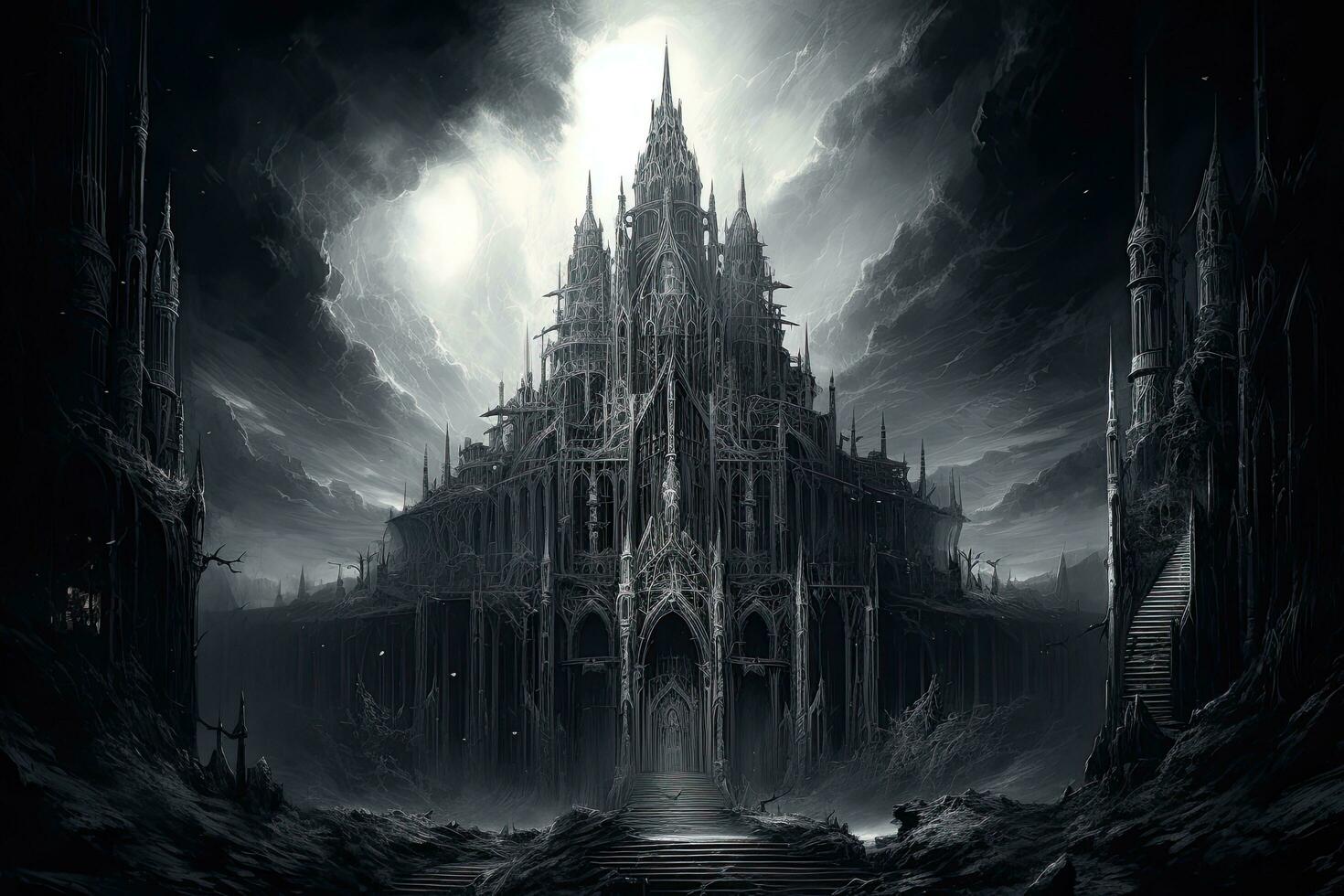 AI generated Fantasy landscape with gothic cathedral. 3D illustration, AI Generated photo