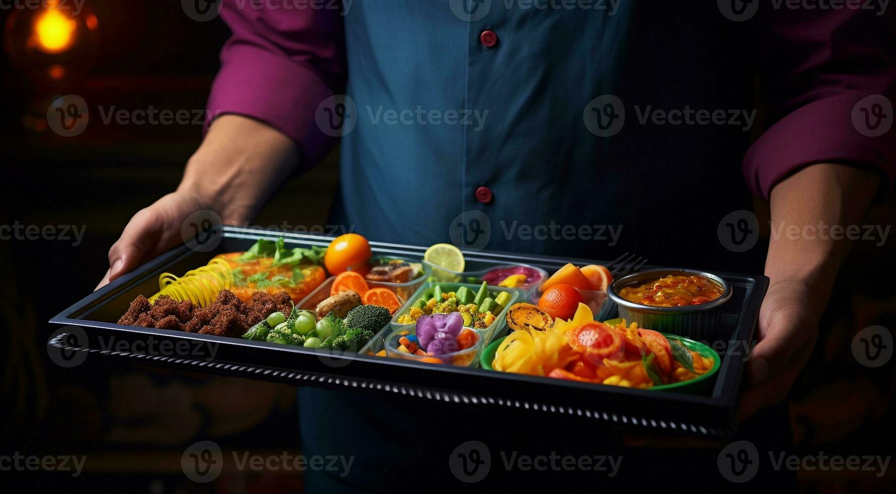 AI generated close-up of person in the restaurant with tray, person in the restaurant, close-up of hands holding tray with dishes and delicious foods photo