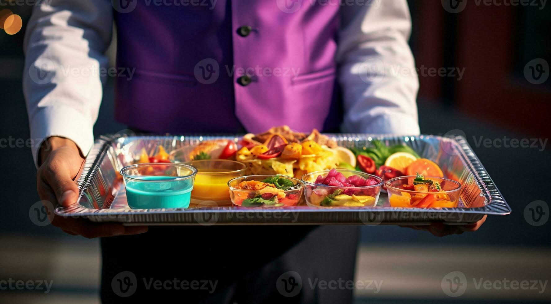 AI generated close-up of person in the restaurant with tray, person in the restaurant, close-up of hands holding tray with dishes and delicious foods photo