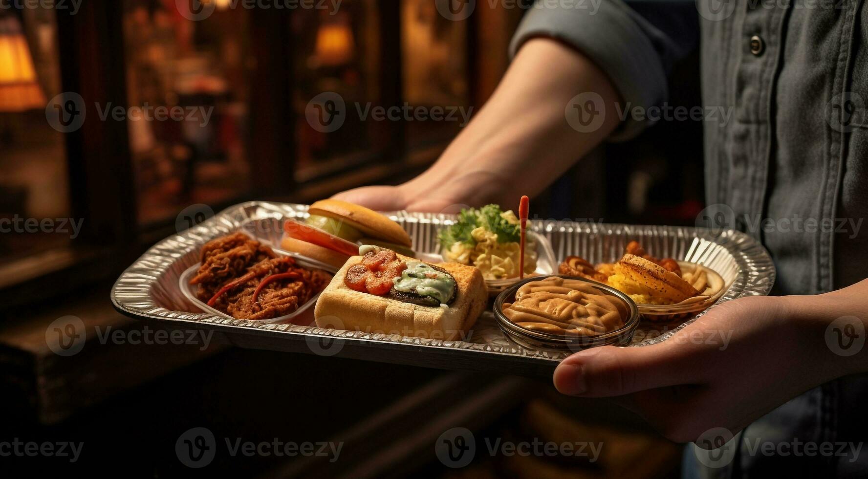 AI generated close-up of person in the restaurant with tray, person in the restaurant, close-up of hands holding tray with dishes and delicious foods photo