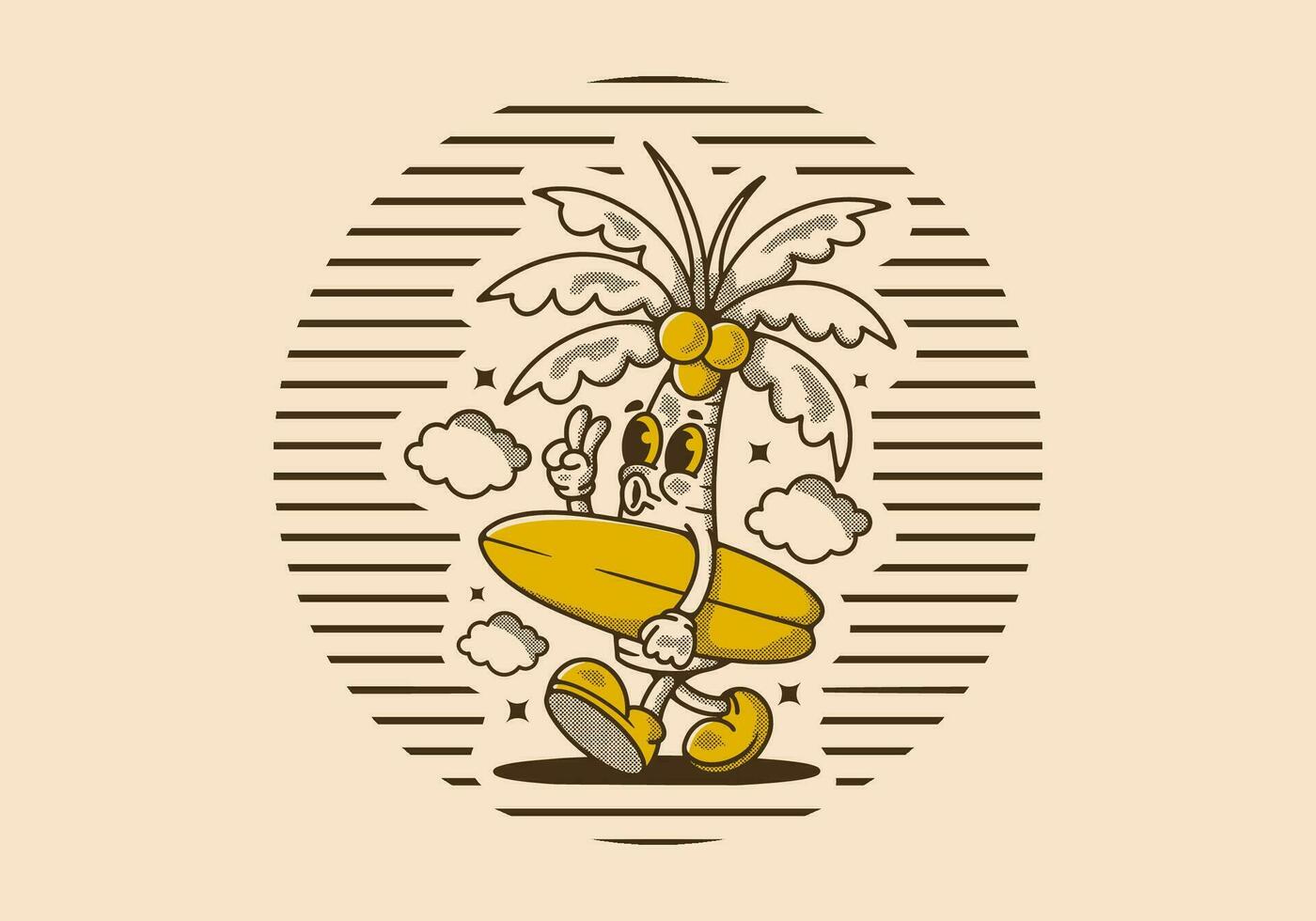mascota personaje ilustración de Coco árbol participación un surf tablero vector