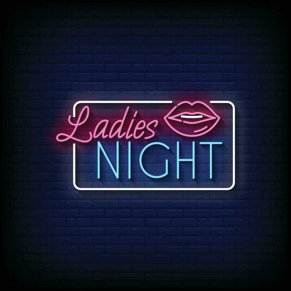 Neon Sign ladies night with brick wall background vector