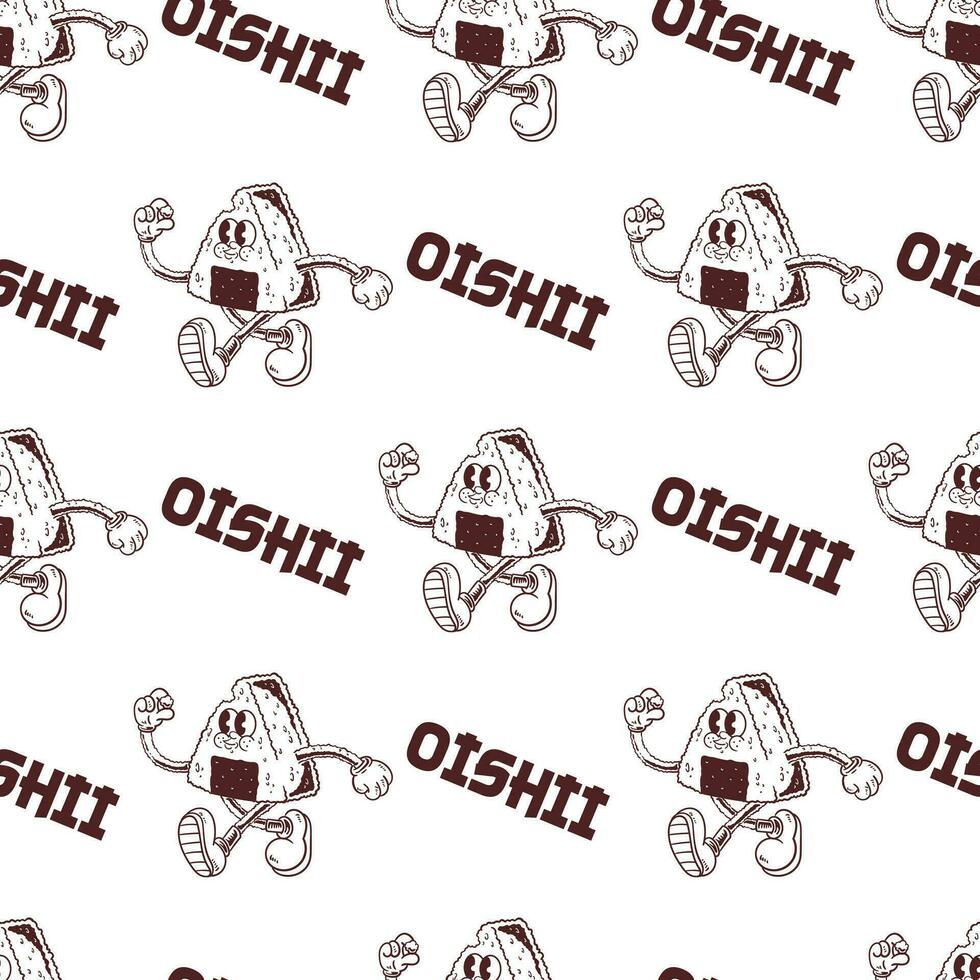 retro cartoon character onigiri  illustration  seamless pattern vector