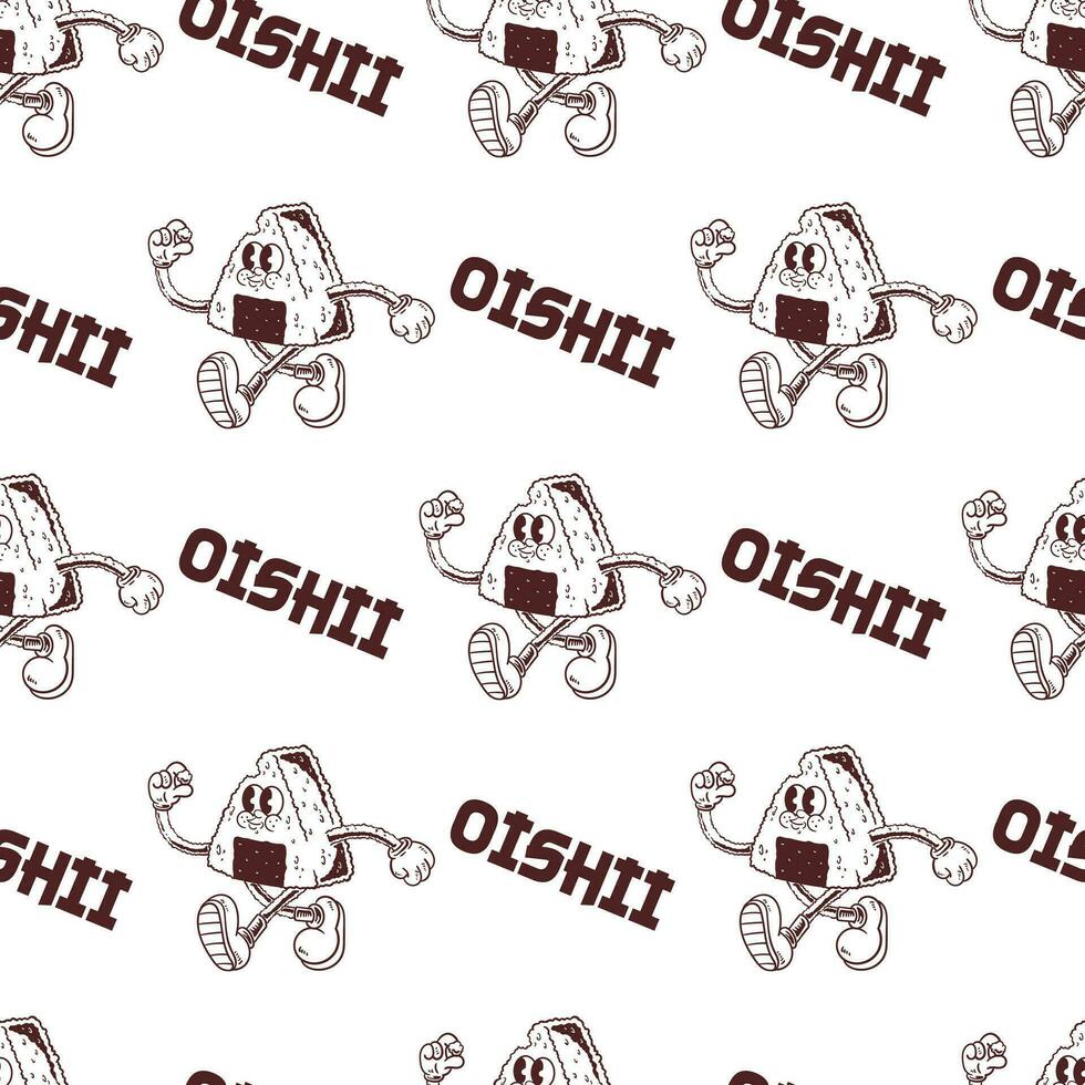 retro cartoon character onigiri  illustration  seamless pattern vector