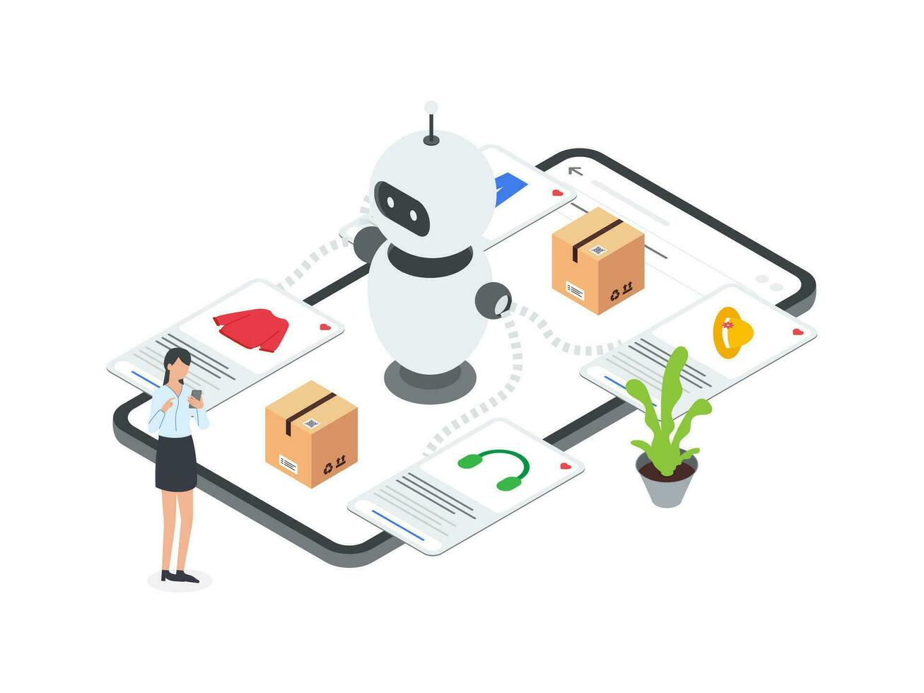 Flat Isometric illustration of AI robot assists woman in product selection on mobile e commerce platform, providing personalized suggestions based on AI algorithms. vector