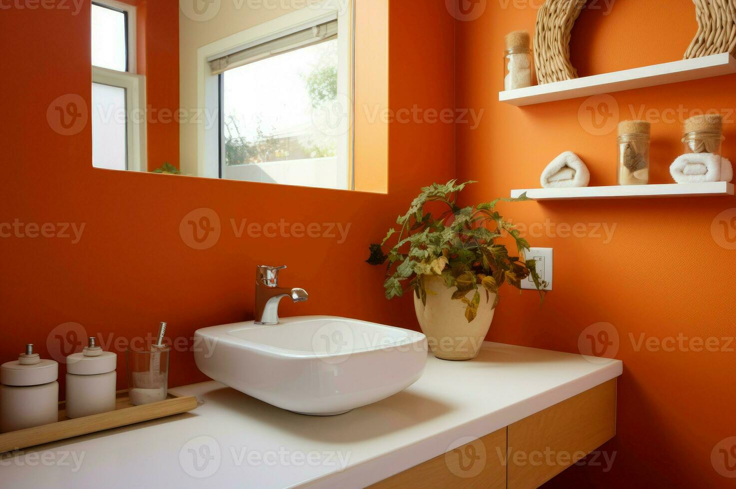 AI generated Bathroom orange wall. Generate Ai photo