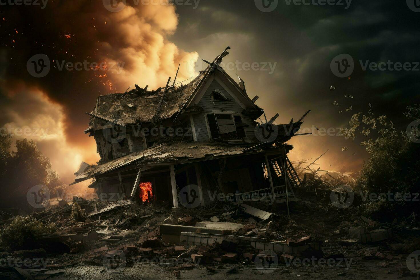AI generated Obliterated Dramatic house destroyed. Generate Ai photo