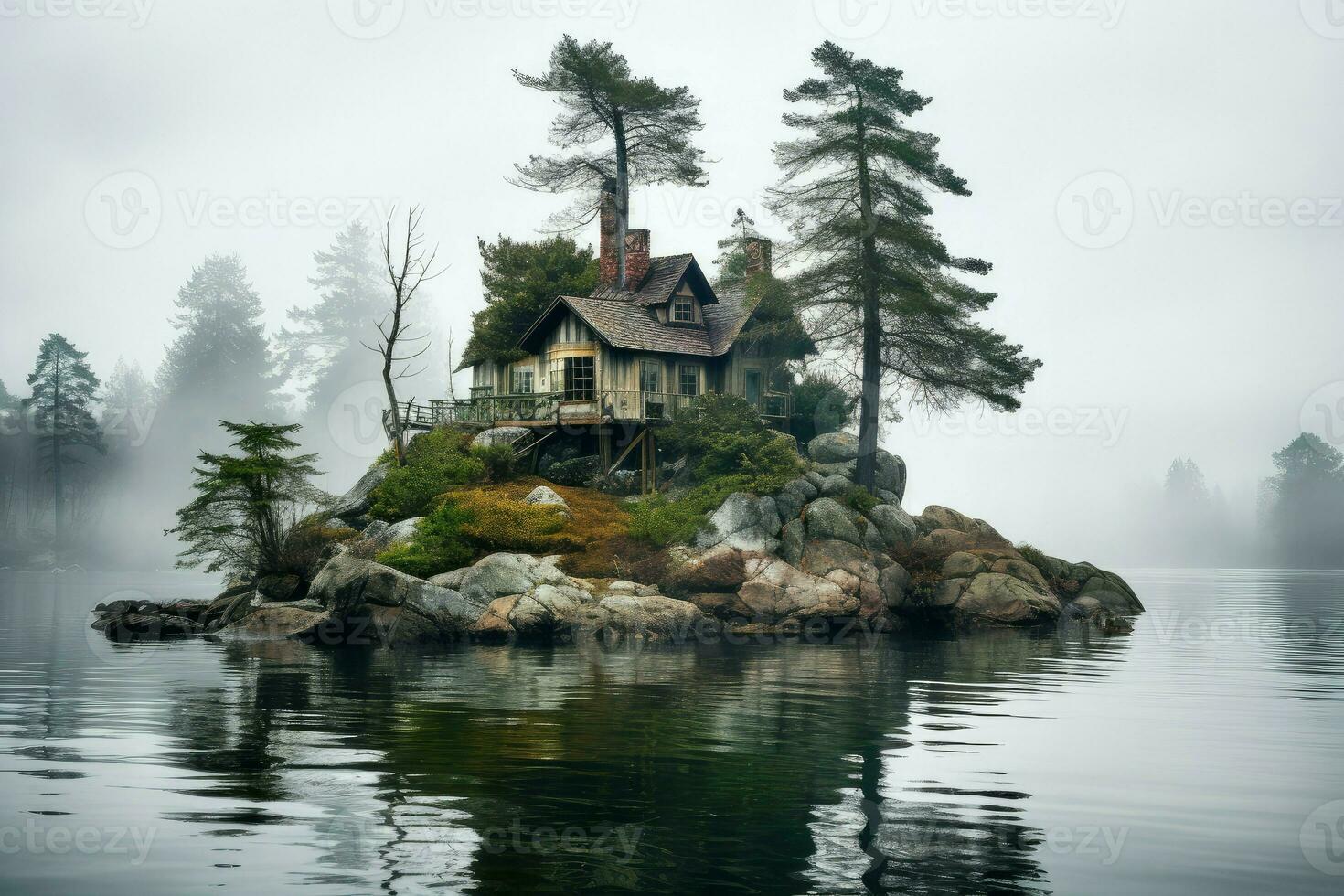 AI generated Isolated House island foggy lake. Generate Ai photo