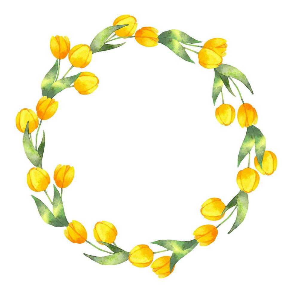 amarillo tulipanes guirnalda con hojas.acuarela ilustración.simple estilizado estilo.primavera botánico marco para Pascua de Resurrección para de la madre día, De las mujeres día.floreciendo verano Clásico guirnalda mano dibujado arte.vector. vector