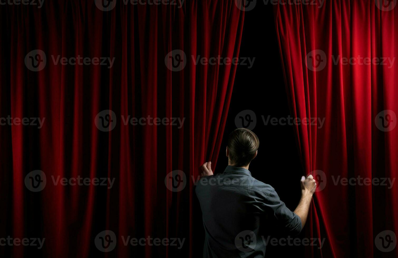 AI generated Man open red curtains. Generate Ai photo