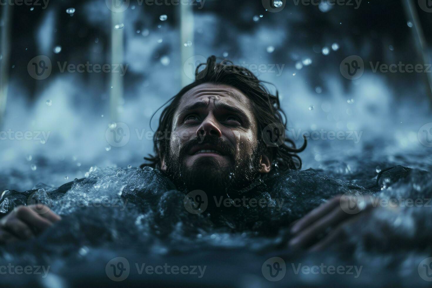 AI generated Courageous Man immersing in icy water on winter day. Generate Ai photo