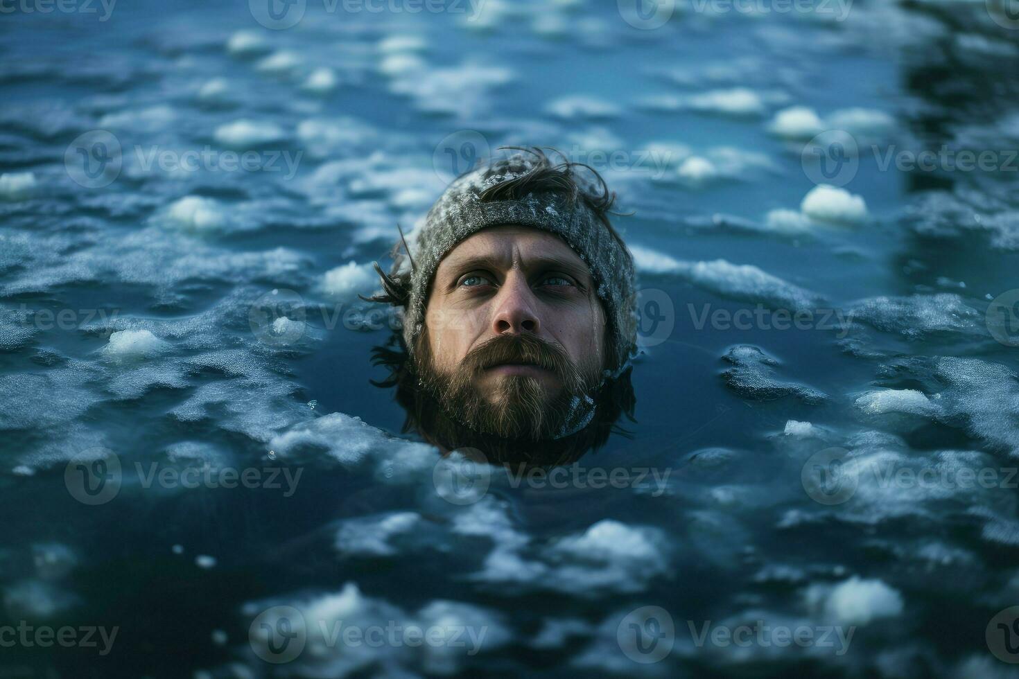 AI generated Resilient Man immersing in icy water on winter day. Generate Ai photo