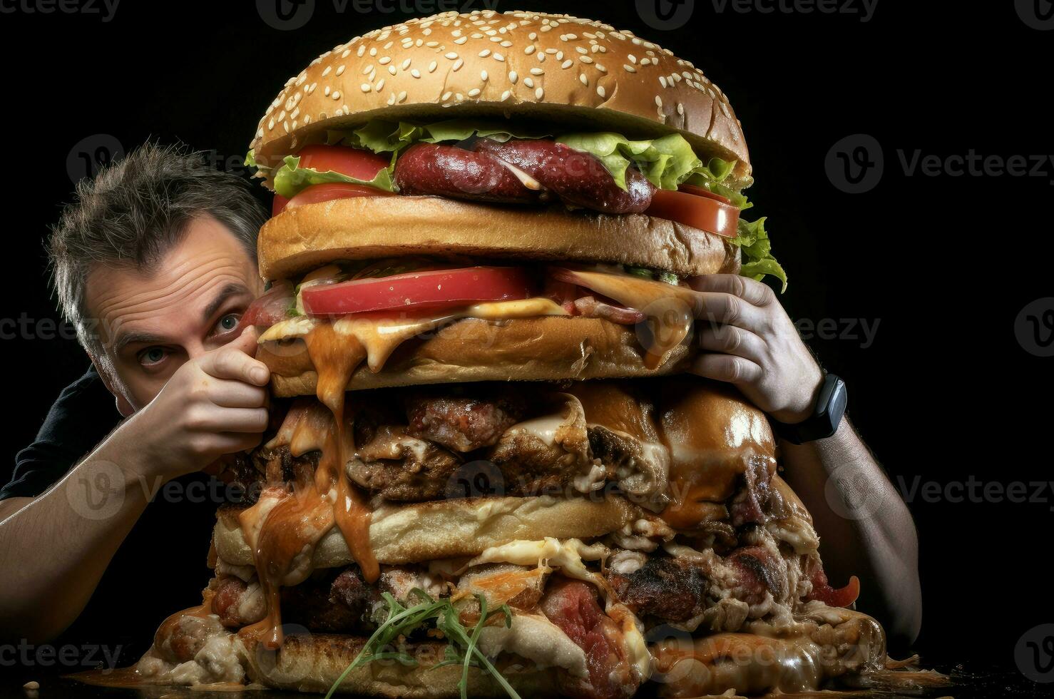 AI generated Hungry Man eat huge burger. Generate Ai photo