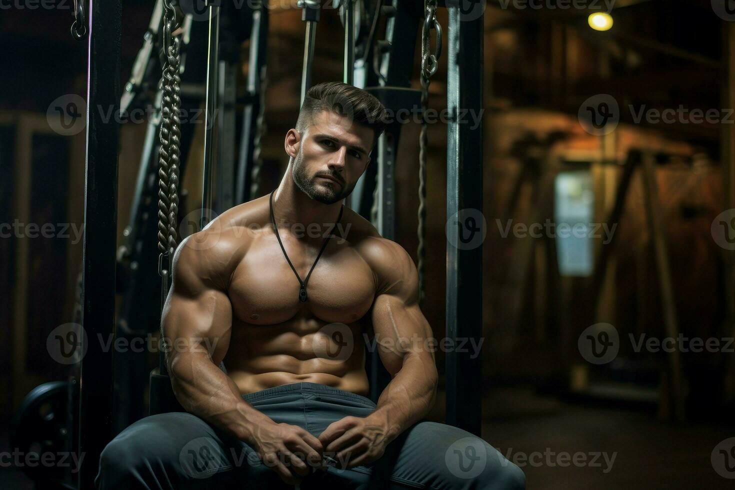 AI generated Strong Man muscle gym. Generate Ai photo