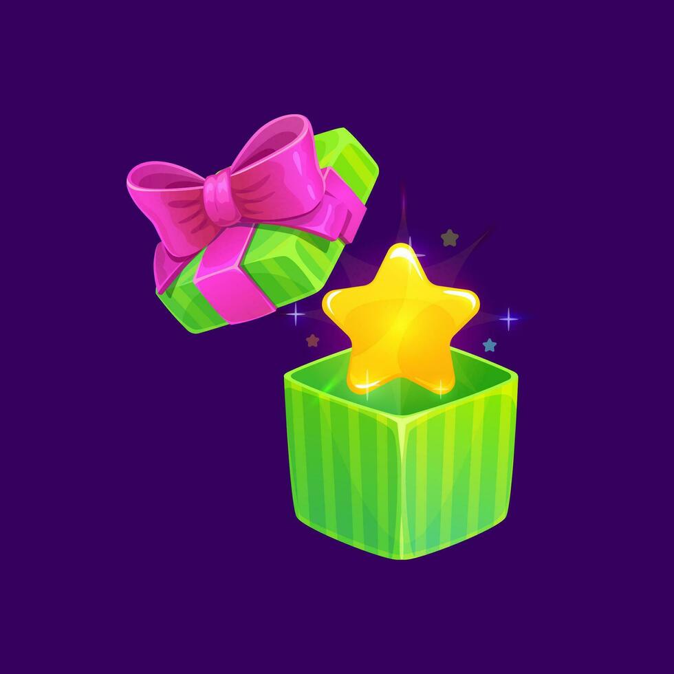 Game gift box and star, cartoon bonus icon vector