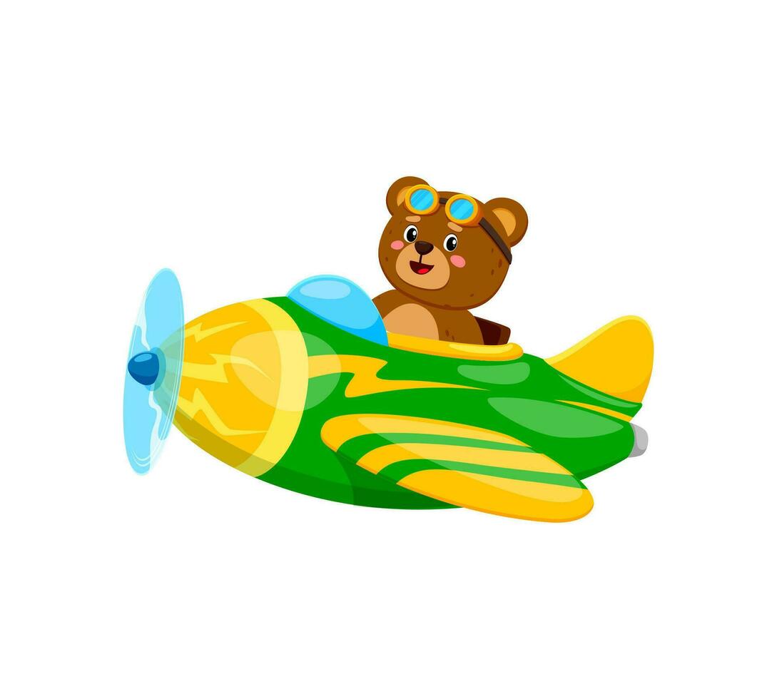 Cartoon baby bear animal character flying on plane vector