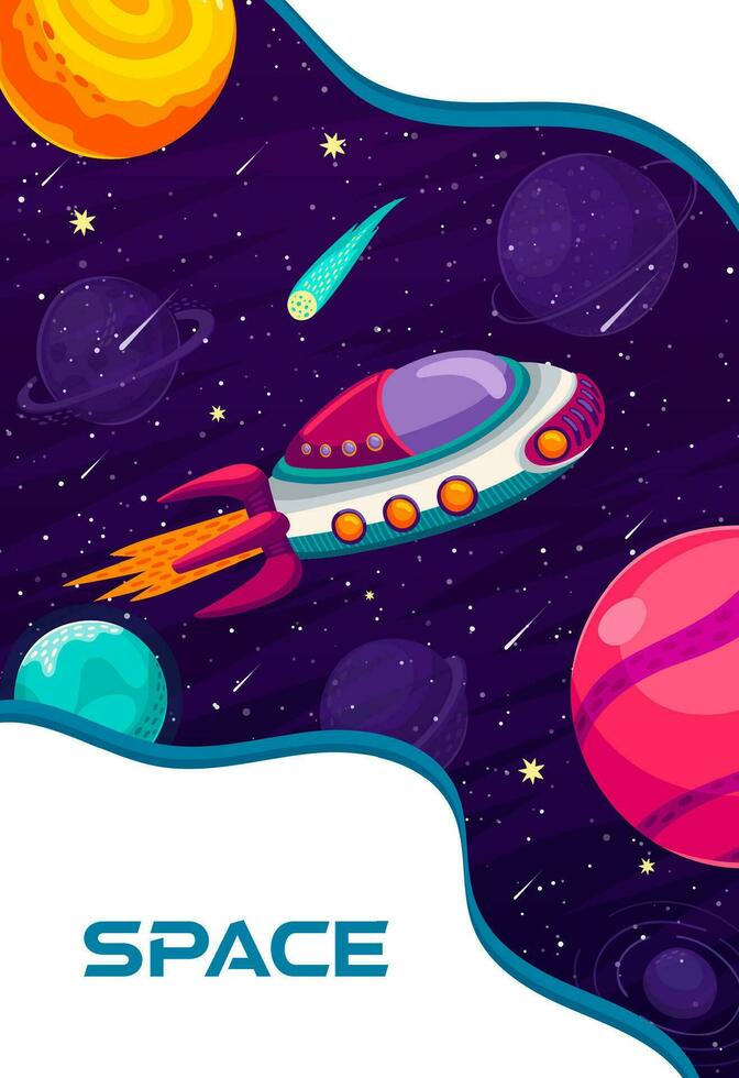 Space poster. Spaceship, galaxy planets and stars vector