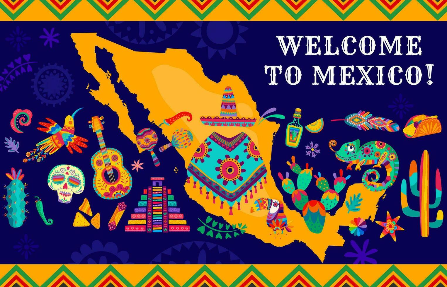 Mexico map with cuisine meals, animals and plants vector