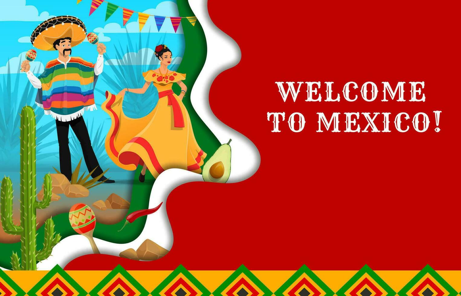 Viva Mexico, welcome paper cut banner, mariachi vector