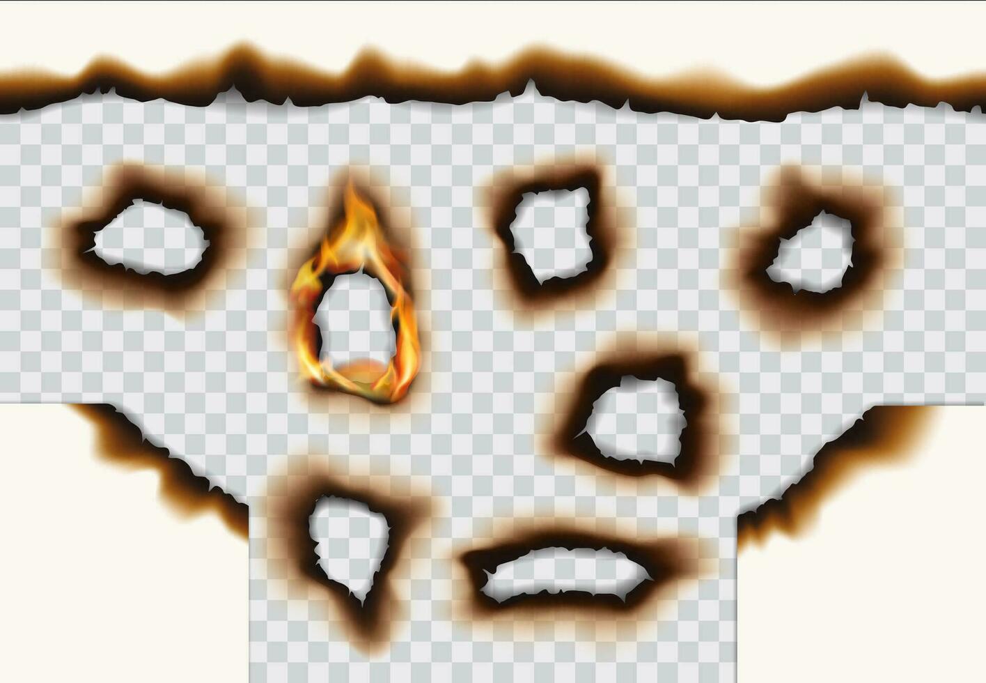 Burning paper with holes, fire flames, burnt edges vector