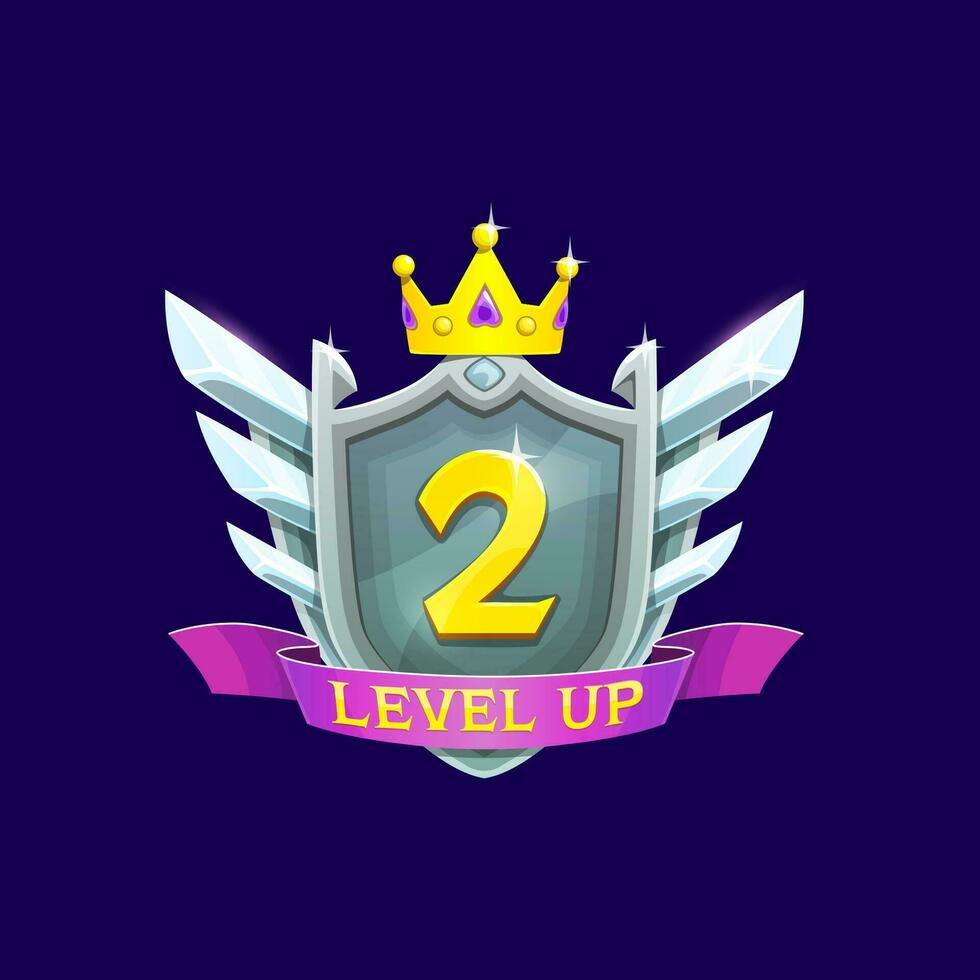 Game interface level up metal badge, wings, crown vector