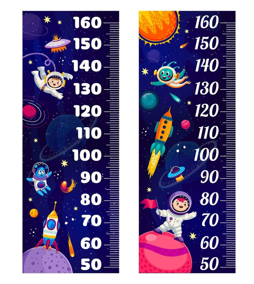 Kids height measure chart ruler, galaxy planets vector