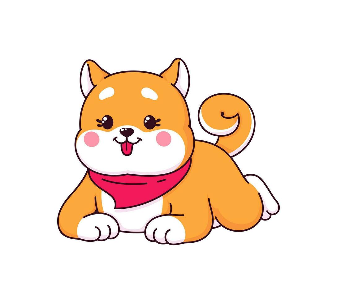 kawaii shiba inu perro personaje tendido en estómago vector