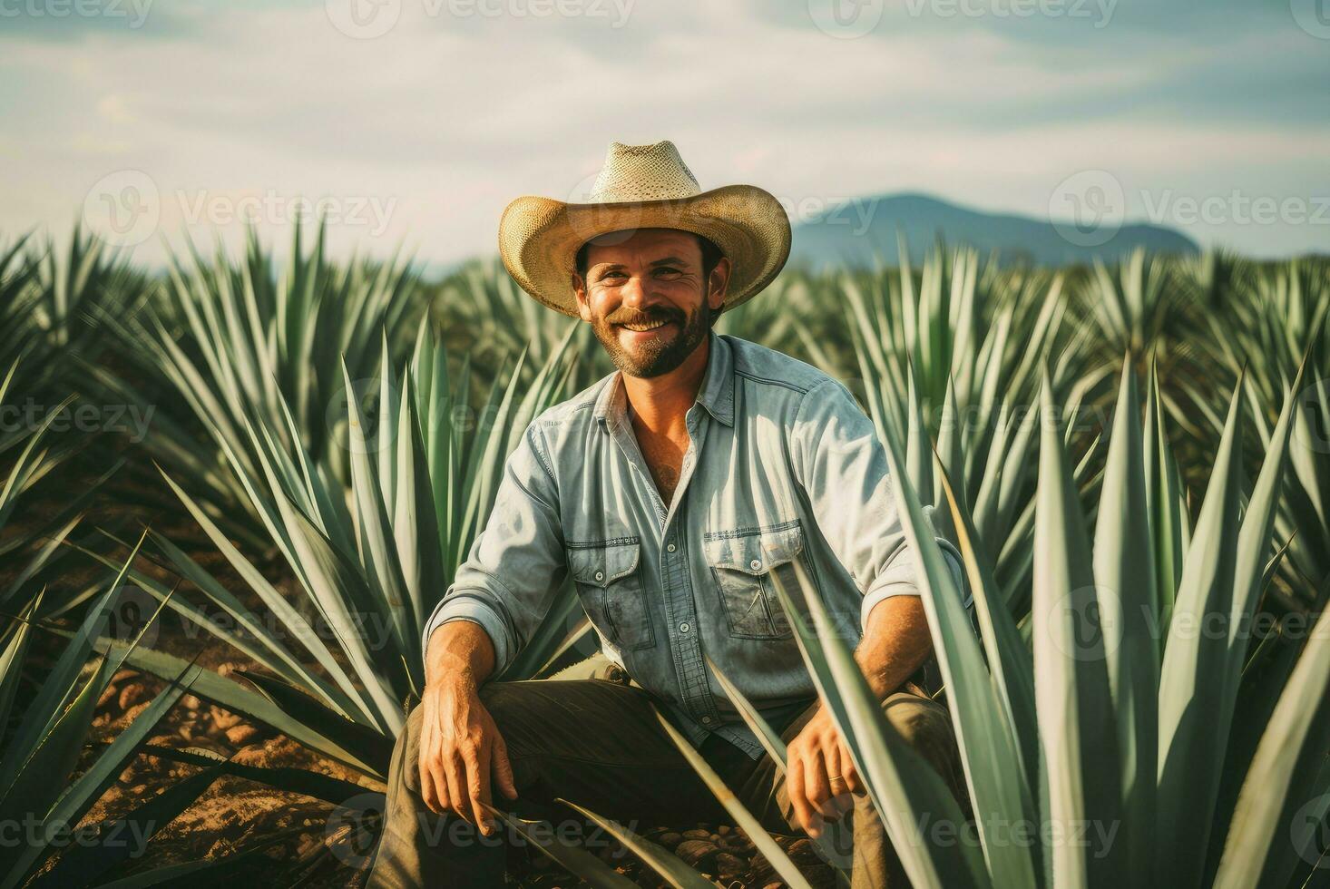 ai generado besado por el Sol hombre vaquero agave campo. generar ai foto