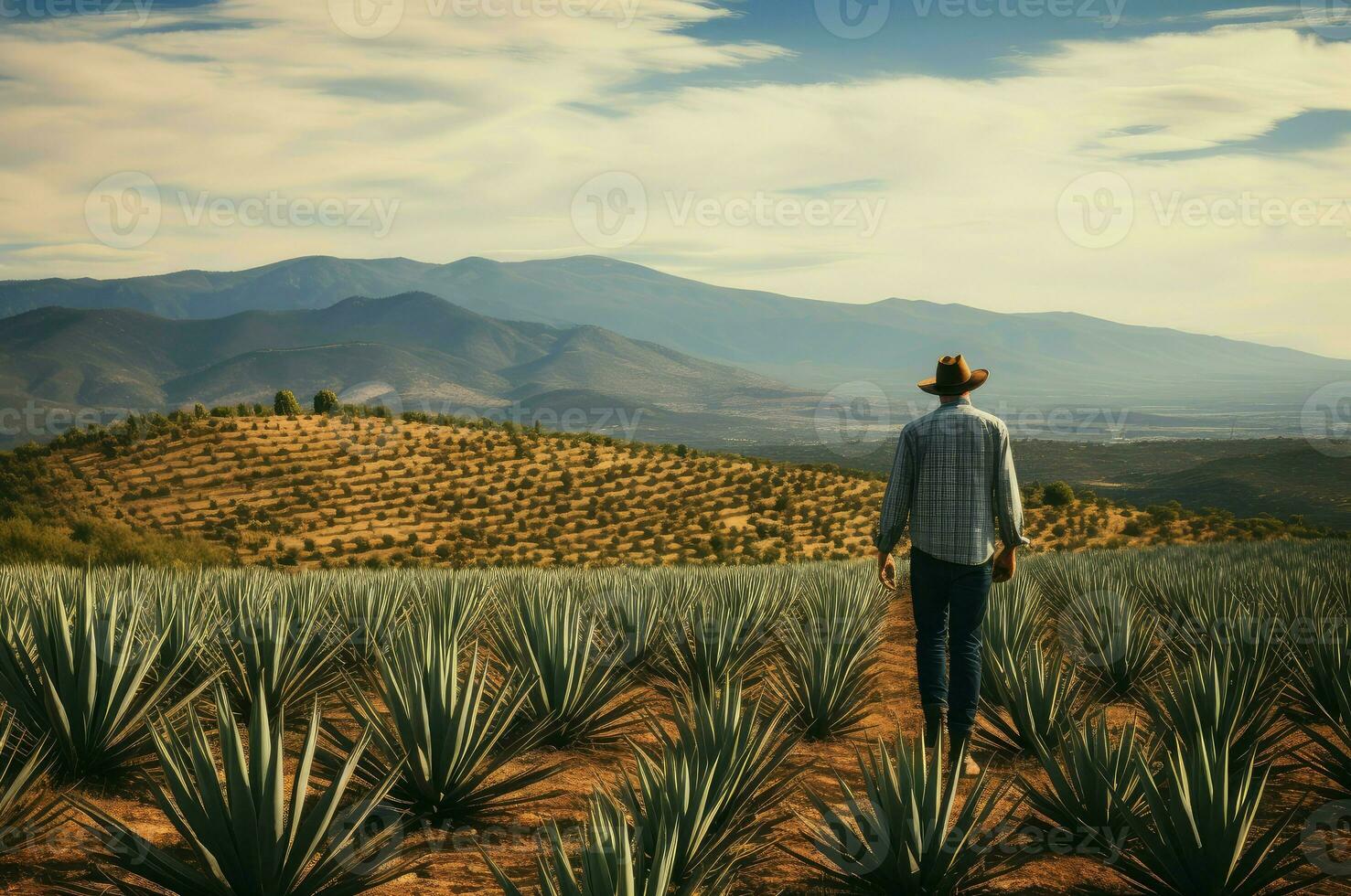 AI generated Rugged Man cowboy agave field. Generate Ai photo