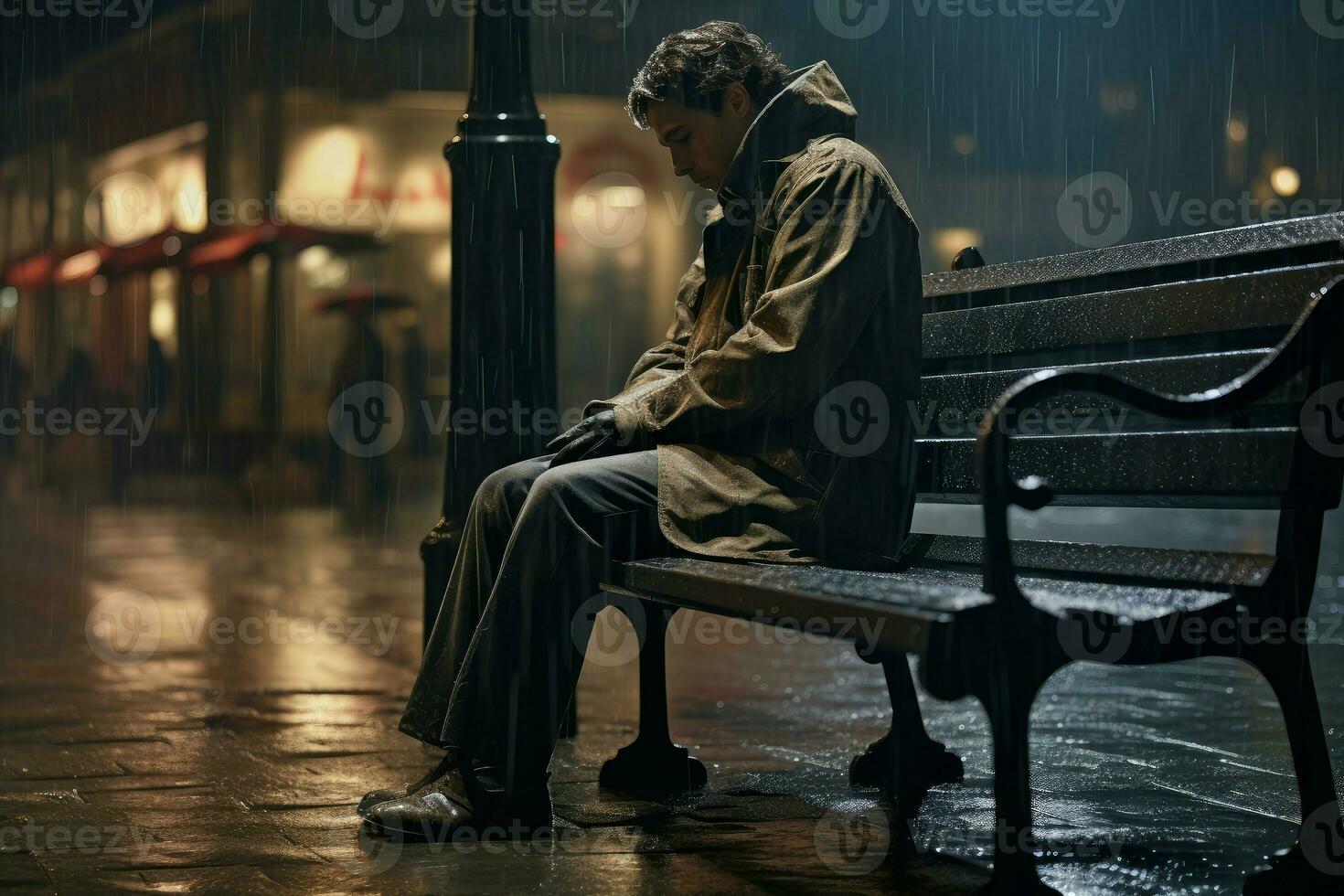 ai generado empapado hombre lluvia banco. generar ai foto