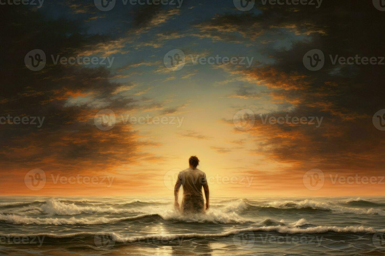 AI generated Tranquil Man sea walk. Generate Ai photo