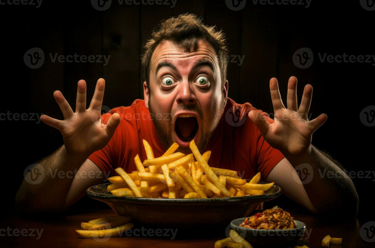 AI generated Satisfied Man eating french fries. Generate AI photo