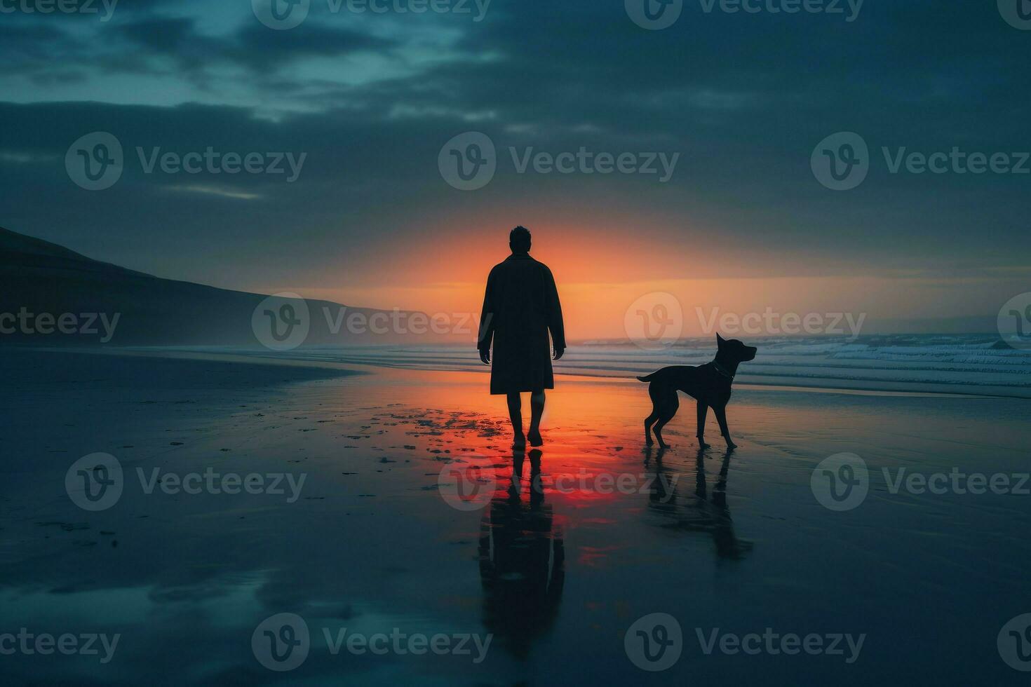 ai generado místico hombre perro puesta de sol. generar ai foto