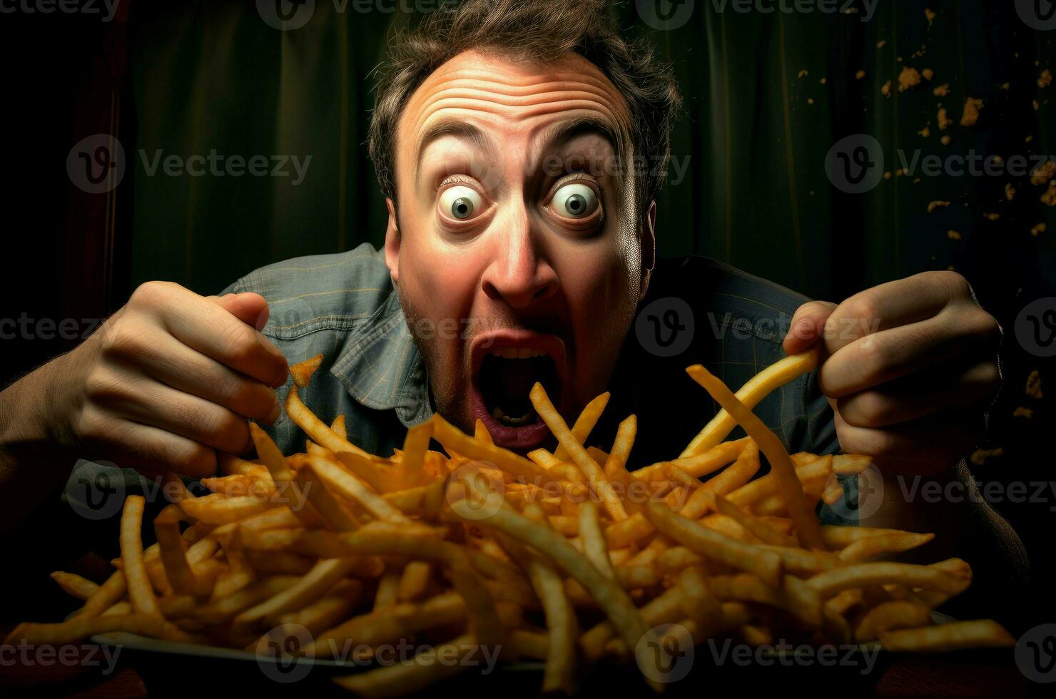 ai generado hombre comiendo francés papas fritas generar ai foto