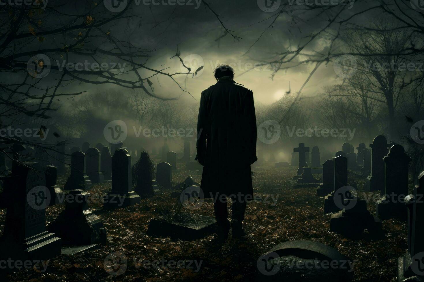 AI generated Gloomy Man graveyard night. Generate Ai photo