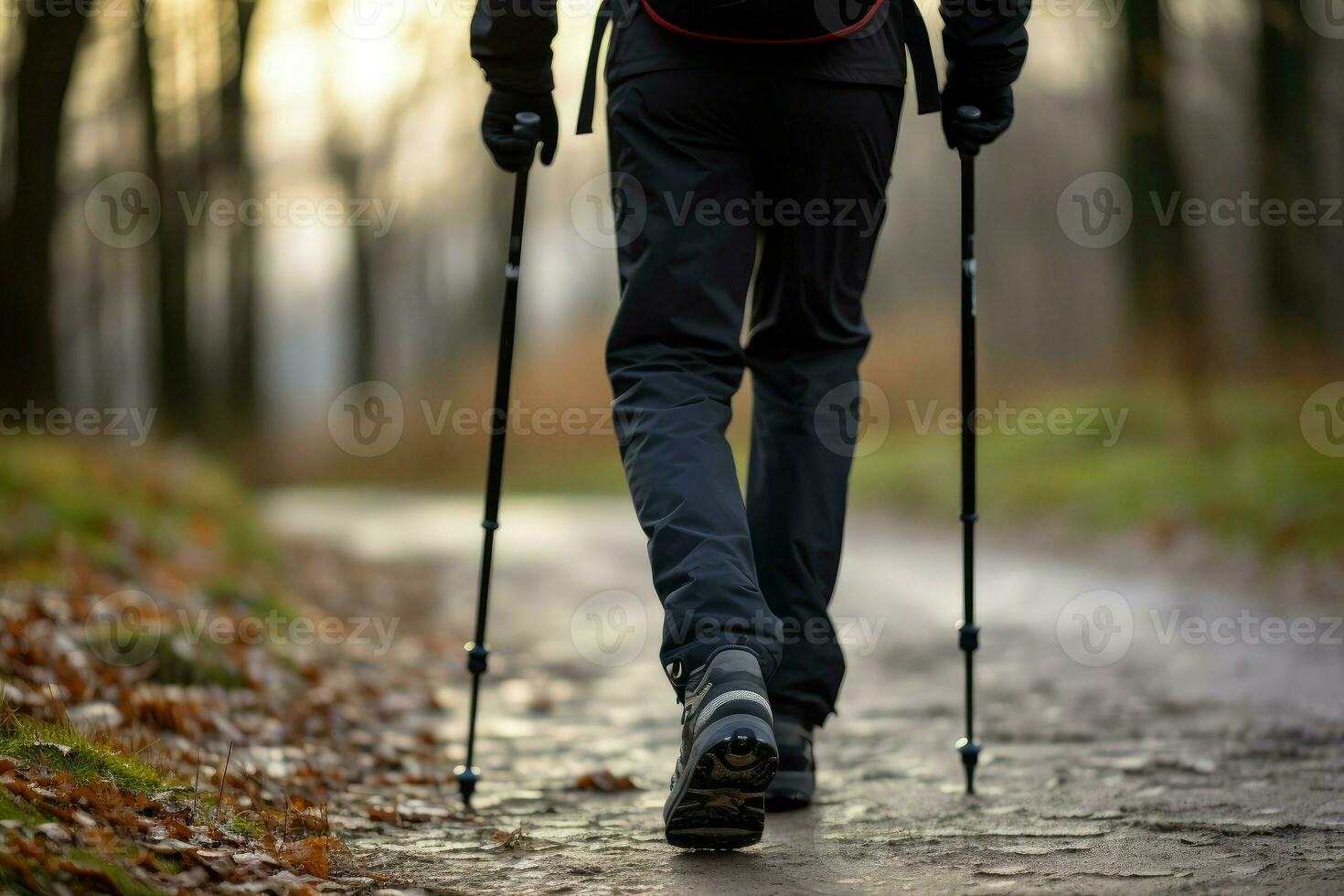 AI generated Man practicing nordic walking with poles outdoor. Generate Ai photo