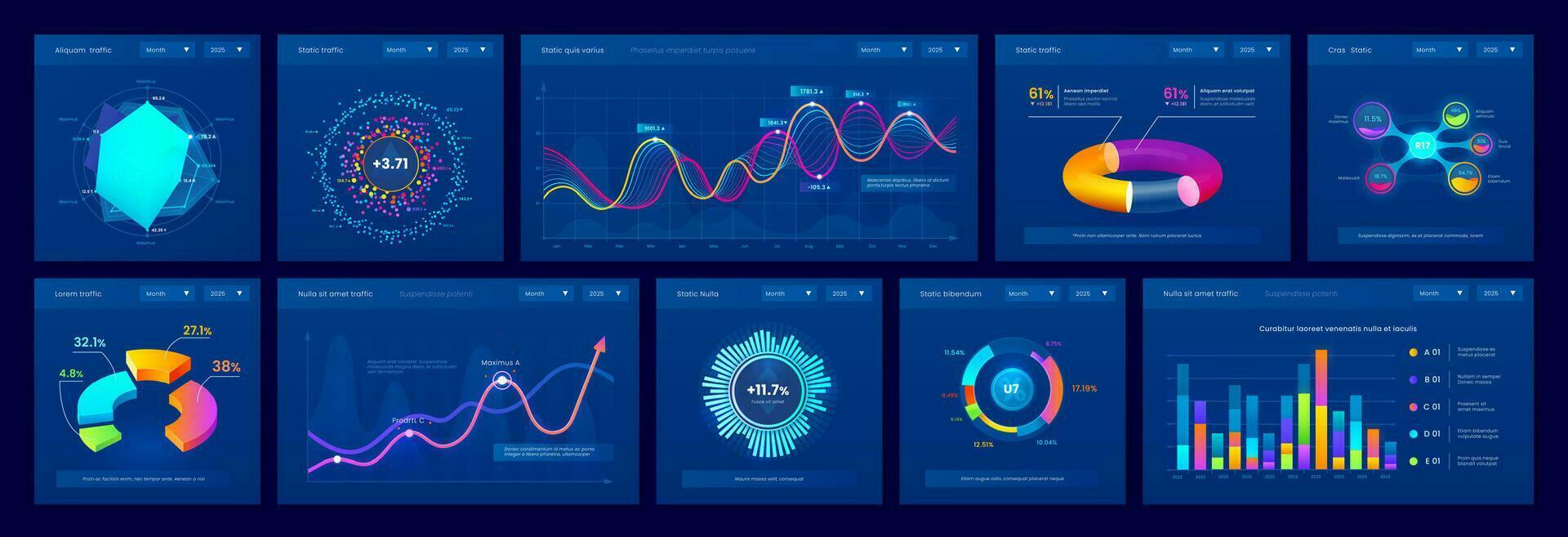 Dashboard data charts, graphs and info diagrams vector