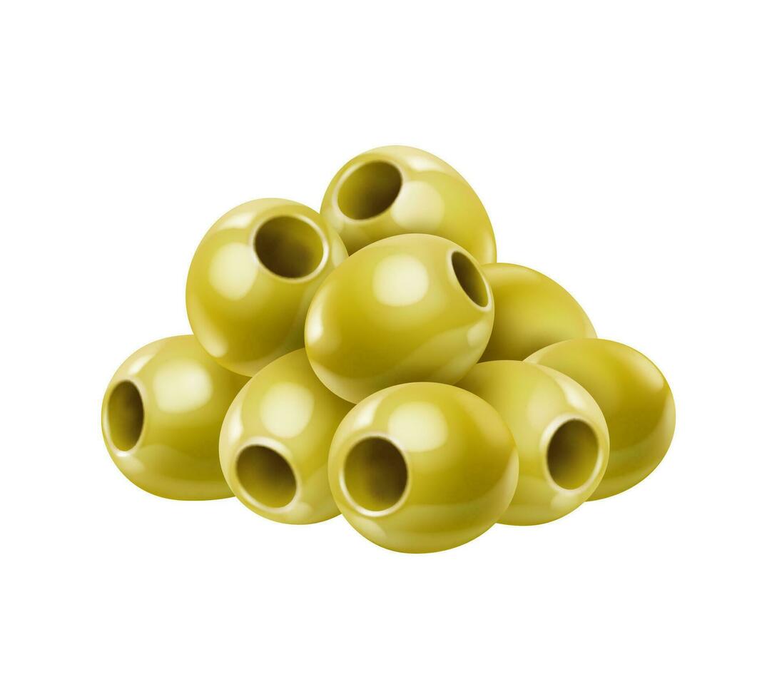 Realistic pitted green olives isolated pile stack vector