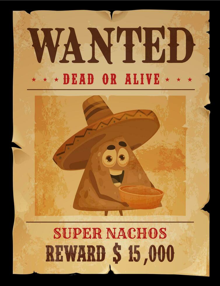 Western vintage wanted poster with nachos bandit vector