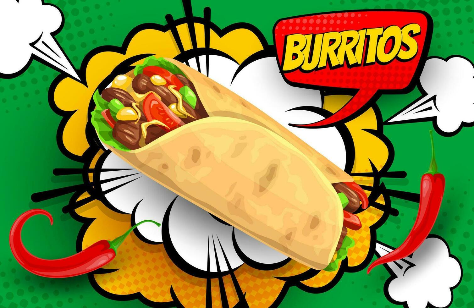 retro cómic trama de semitonos burbuja con mexicano burrito vector