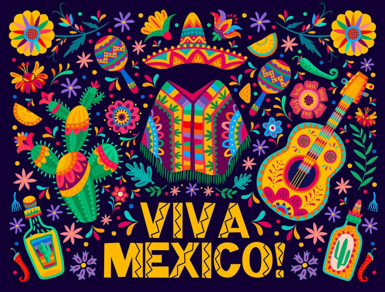 Viva Mexico banner with sombrero, guitar, poncho vector