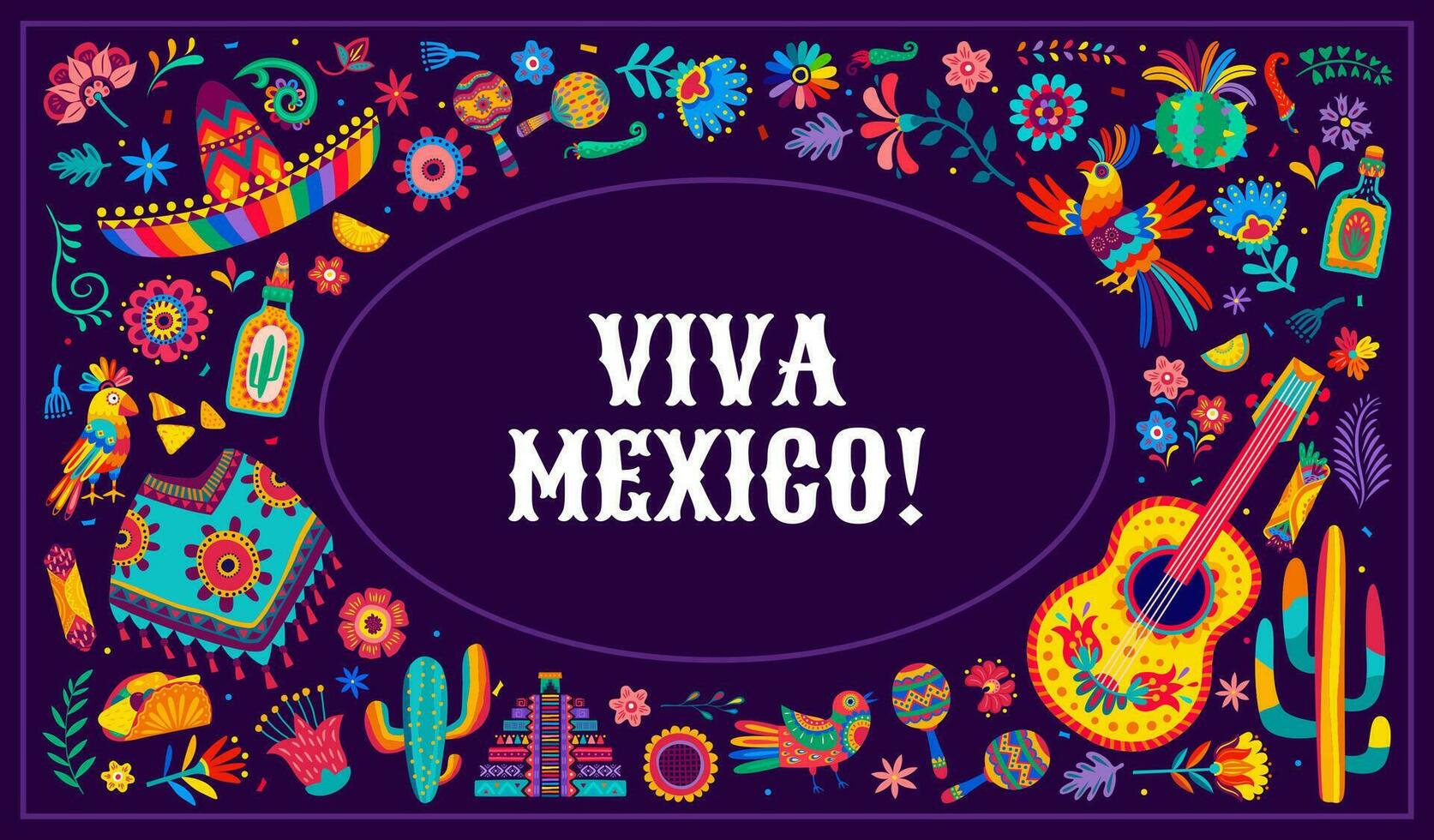 Viva Mexico banner with festive alebrije items vector