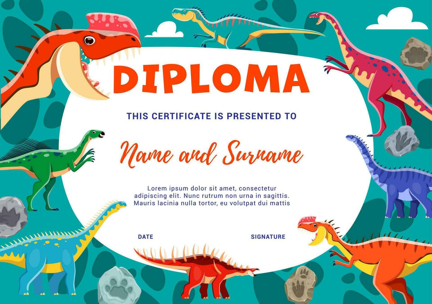 Kids diploma with funny dinosaurs characters vector